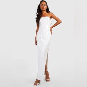 NWT Boohoo White Sequin Strapless Maxi